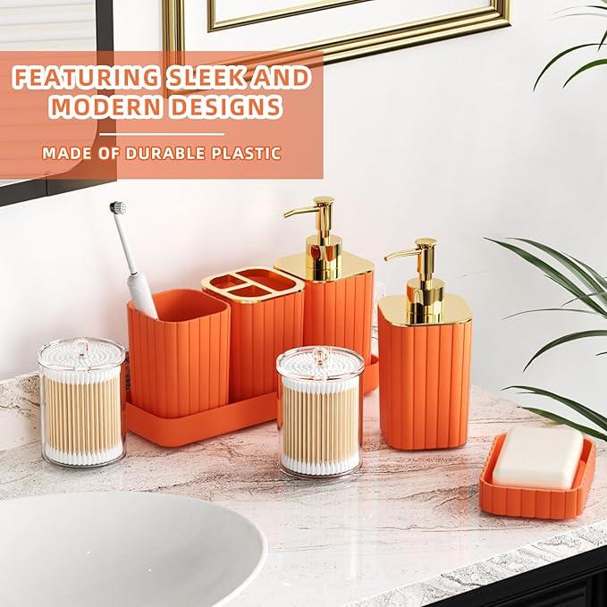 XLHOMO Bathroom Accessories Set - 25PC Bathroom Sets with Shower Curtain and Rugs, Orange Bathroom Accessories with Trash Can, Soap Dispenser, Soap Dish & Toilet Brush - ModernBath
