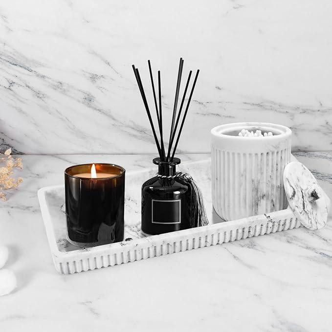 XLHOMO Resin White Marble Bathroom Accessories Set 5 Pcs, Lotion Soap Dispenser, Toothbrush Holder, Bathroom Tumbler, Qtip Holder and Vanity Tray, Bathroom Countertop Organizer Set for Home Apartment - ModernBath