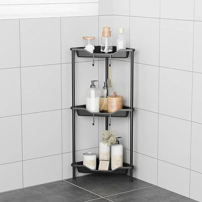 3 Tier Corner Shower Caddy Standing Floor Standing Corner Shower Caddy Organizer Shower Table Plastic Metal Splicing Shelf Storage Rack for Bathroom Black - Rustproof - ModernBath