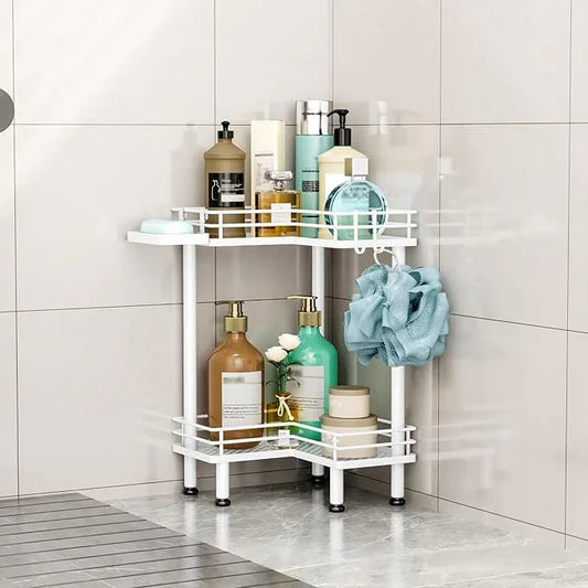 HapiRm Corner Shower Caddy Standing - 2 Tier Shower Organizer Corner with Soap Holder, Rustproof Bathroom Standing Organizer with 2 Hooks, White - ModernBath
