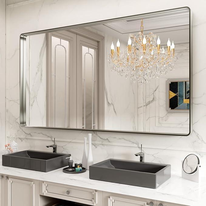 LOAAO 84X32 Inch Brushed Nickel Bathroom Mirror, Rounded Rectangle Silver Metal Frame Mirror, Brushed Nickel, Anti-Rust, Hangs Horizontally or Vertically - ModernBath