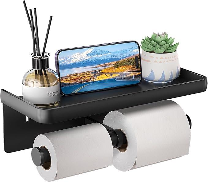 Toilet Paper Holder with Shelf,LigoVenmo Toilet Paper Holder Wall - Modern Minimal Aluminium Double Roll Design,Adhesive or Screw Bathroom Black Toilet Paper Roll Holder with Wipes Storage - ModernBath