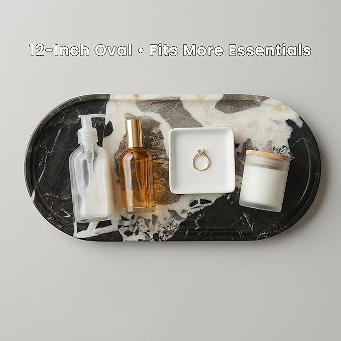 FS NANO 12"x6" Black Natural Marble Tray for Bathroom Vanity Counter Organizer for Home Decorations Key, Perfume, Jewelry and Makeup - ModernBath