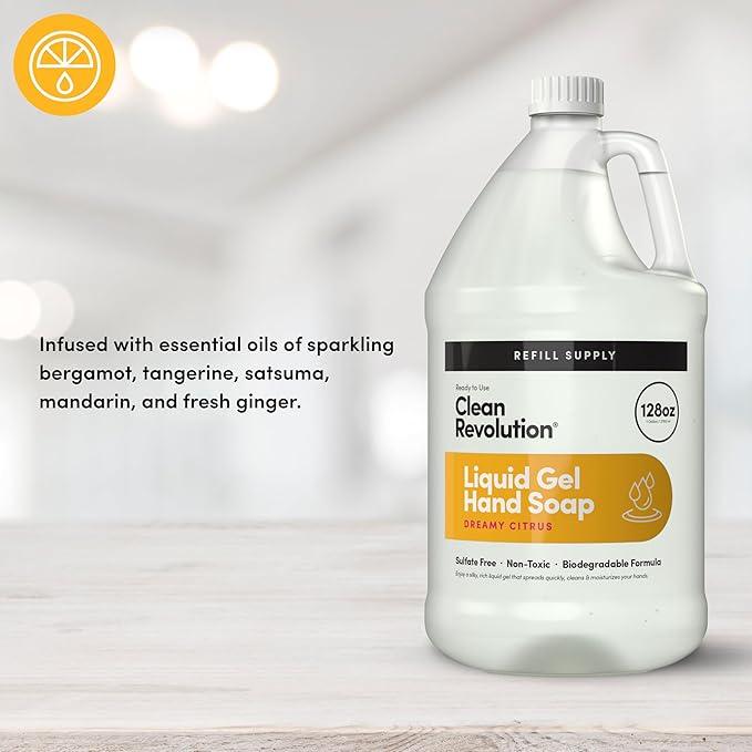 Clean Revolution Liquid Gel Hand Soap, Silky Rich Liquid, Quick Lather, Fast Rinsing, Contains Real Essential Oils (Dreamy Citrus) 128 Fl Oz - ModernBath