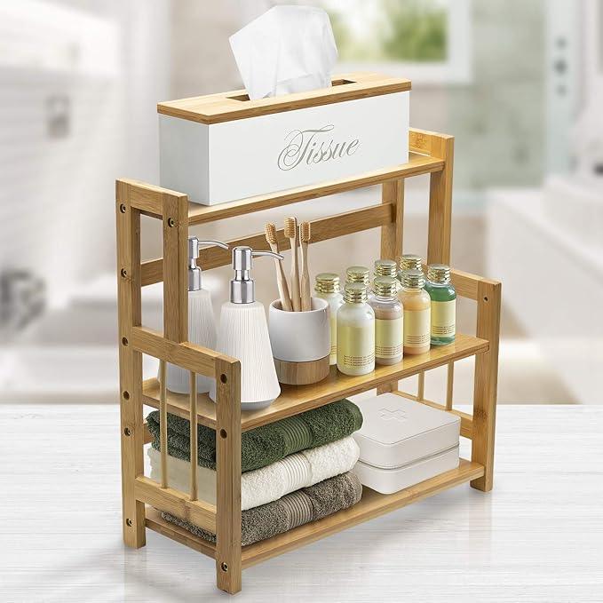 Sorbus Kitchen Countertop Organizer Bamboo Wooden Counter Storage Shelf Rack for Spice, Soap, Skin Care, Makeup Display Stand, Bathroom Shelves, Vanity, Office (3-Tier) - ModernBath