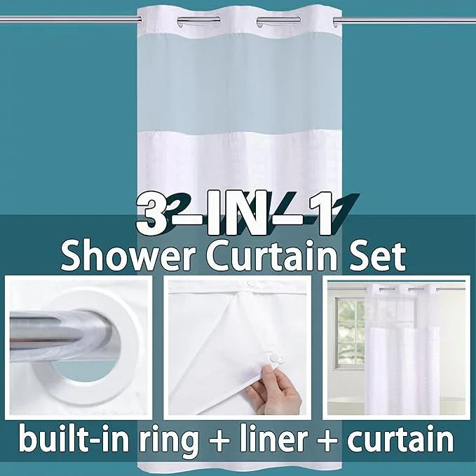 Conbo Mio Stall No Hook Shower Curtain with Snap in Liner Set, Hotel Luxury White Shower Curtains for Bathroom with See Through Top Window, Waterproof, Washable 36W x 74H - ModernBath