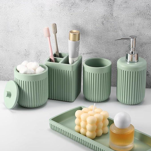 XLHOMO Resin Light Green Bathroom Accessories Set 5 Pcs, Lotion Soap Dispenser, Toothbrush Holder, Bathroom Tumbler, Qtip Holder and Vanity Tray, Bathroom Countertop Organizer Set for Modern Apartment - ModernBath