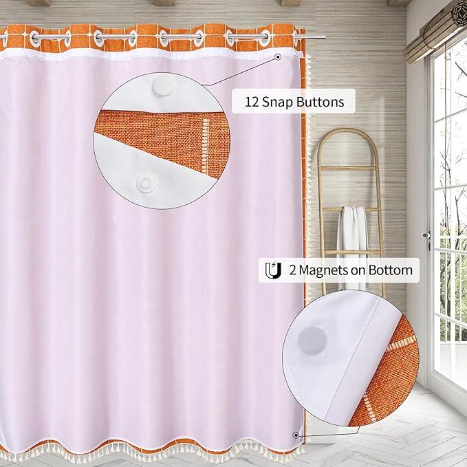 MitoVilla No Hooks Needed Orange Boho Shower Curtain with Snap-in Liner, Farmhouse Cotton Linen Fabric Shower Curtains with Tassels for Rustic Neutral Bathroom Decor, Burnt Orange, 72 x 74 - ModernBath