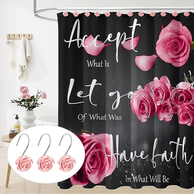 Litabel Rose Flower Shower Curtain Hooks 12PCS,Home Decorative Pink Rose Shower Curtain Hooks Metal Rustproof Cute Rose Flower Shower Hooks Rings Bathroom Shower Rods Decoration Accessories - ModernBath