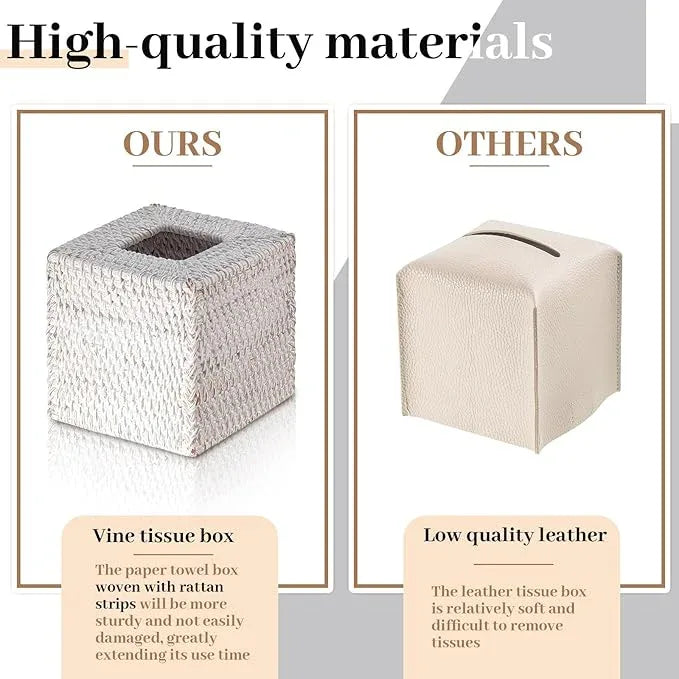 Kigley 2 Pcs Square Rattan Tissue Box Cover Boho Wicker Tissue Cube Box Cover 5.5'' x 5.5'' x 5.5'' Decorative Natural Wicker Hand Woven Napkin Box Holder Bathroom Office Car Accessories (White) - ModernBath