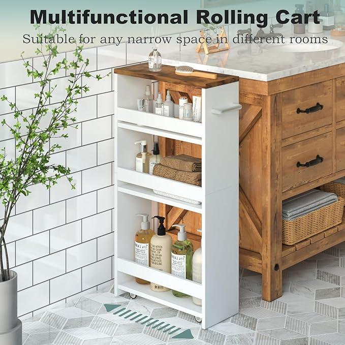 MARTY Rolling Storage Cart 4-Tier White Kitchen Cart with Wheels,Slim Storage Cart with Handle Slide Out Utility Cart Shelving Unit Organizer Trolley for Laundry Narrow Places Bathroom Small Corner - ModernBath
