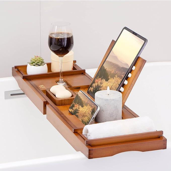 XcE Bamboo Bathtub Caddy Tray - Expandable to 41 Inches with Book Stand, Soap Holder & Anti-Slip Pads for Luxury Bath Spa, Brown - ModernBath
