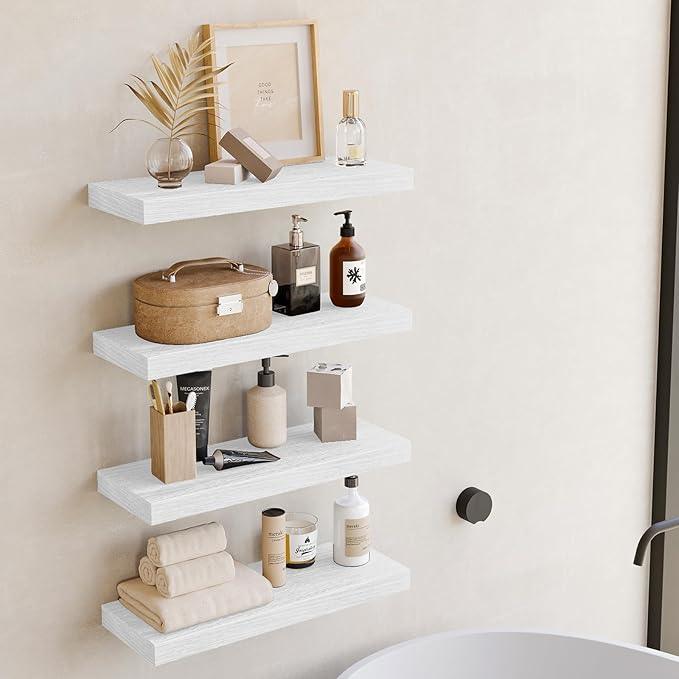 Fixwal 15.8in Floating Shelves, Rustic Wood Finish Wall Shelves Set of 4, Shelves for Wall Decor, with Invisible Brackets for Bathroom, Living Room,Bedroom and Kitchen(White) - ModernBath