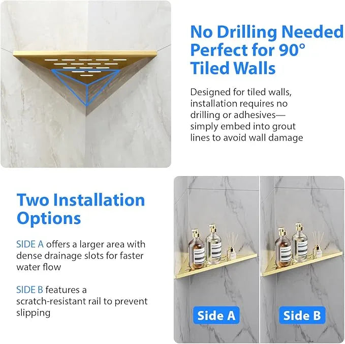POPFLY 10 Inch Gold Corner Shower Shelf 2 Pack, 304 Stainless Steel Bathroom Shelves for Tiled Wall, No Drilling Recessed Organizer, Luxurious Floating Shower Shelf with Anti-Slip Design, PF7501G - ModernBath