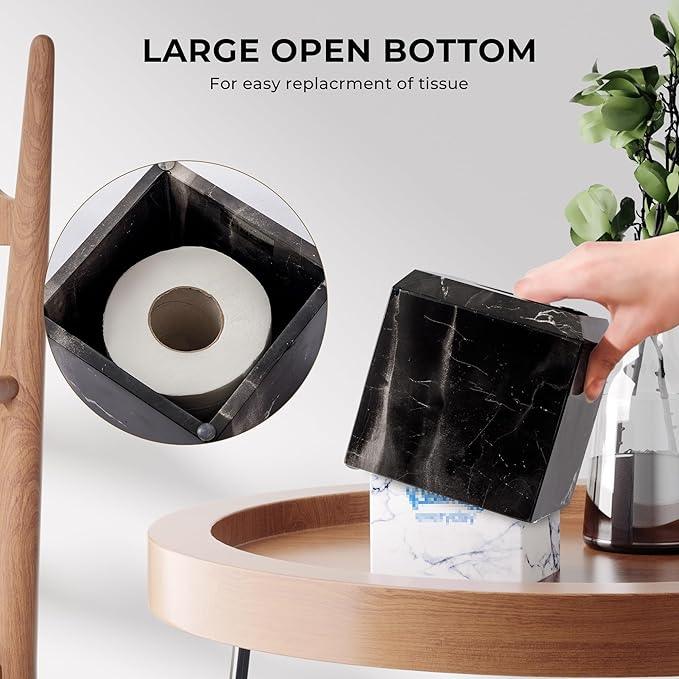 WORHE Tissue Box Cover Italy Natural Marble Heavy Duty Square Facial Toilet Paper Holder for Bathroom Living Room Bedroom Dresser Kitchen Minimalistic Office Home Decor Black (WH013) - ModernBath