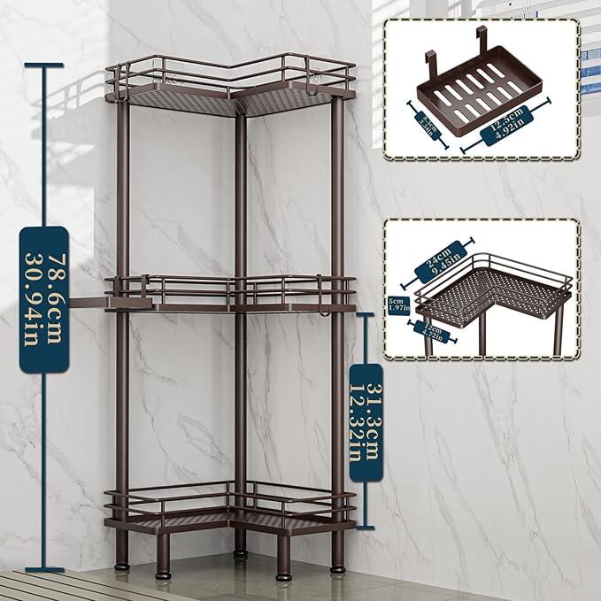 Consumest Corner Shower Caddy Standing - 3-Tier Stainless Steel Shower Organizer with Soap Holder and 4 Hooks, Large Capacity Corner Shelf Stand for Bathroom, Rest Room, Bronze - ModernBath