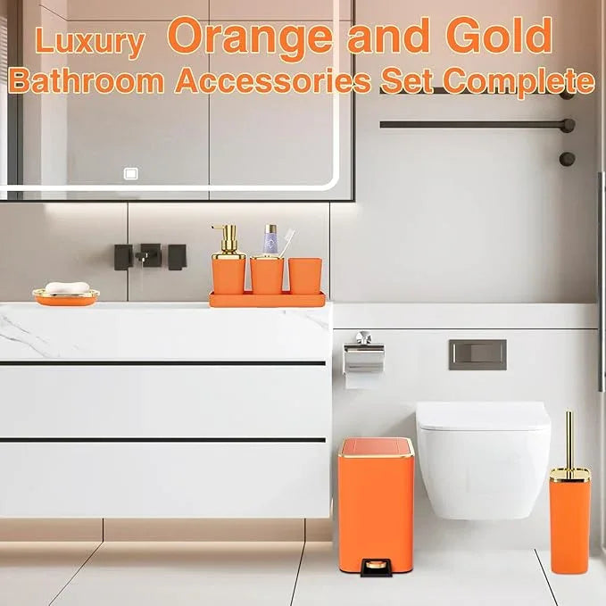 XLHOMO Bathroom Accessories 8 Piece Orange and Gold Bathroom Set, Bath Accessories with Stainless Steel Trash Can,Toilet Brush,Toothbrush Set,Soap Dispenser - ModernBath