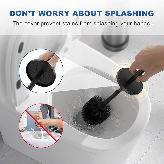 Black Toilet Brush and Holder Set, 304 Stainless Steel Heavy Duty Toilet Bowl Brush and Holder with Long Handle, Removable Inner Bowl and Splash Protection Modern Toilet Cleaner Brush for Bathroom - ModernBath