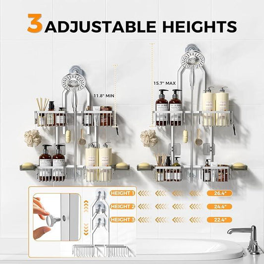 REINHARDT Aluminum Shower Caddy Hanging Adjustable Shower Caddy, Rustproof Hanging Shower Organizer with Hooks Soap Holders, Over Shower Head Caddy for Handheld Showerhead, Silver - ModernBath