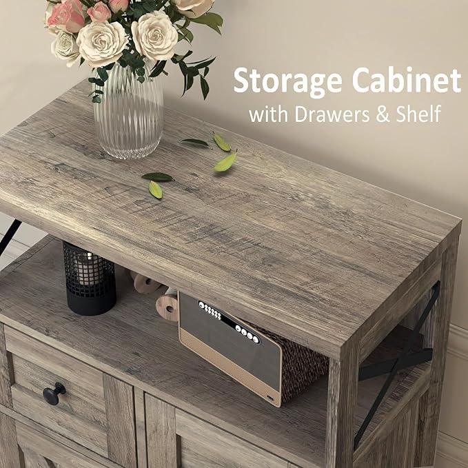Farmhouse Storage Cabinet with Barn Doors and Open Shelf, Kitchen Pantry with Storage, Coffee Bar Station, Freestanding Cupboard Hutch Cabinet for Kitchen, Dinning Room, Livingroom, Grey - ModernBath