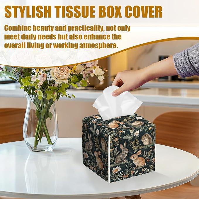 Woodland Animal Tissue Box Cover 2PCS, Rabbit Hedgehog Leather Tissue Box Holder Square Facial Paper Case Tissue Box Cube Organizer for Bathroom Bedroom Desk Office - ModernBath