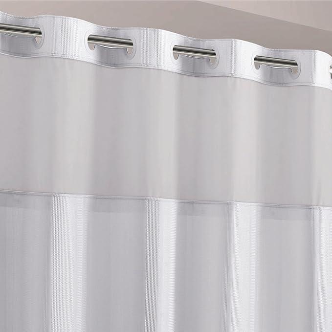 It's A Snap! Waffle Stripe Shower Curtain, 2-in-1 with Fabric and Sheer Top Window, Flex-On Rings, Liner Compatible, 71' x 74', Bright White - ModernBath