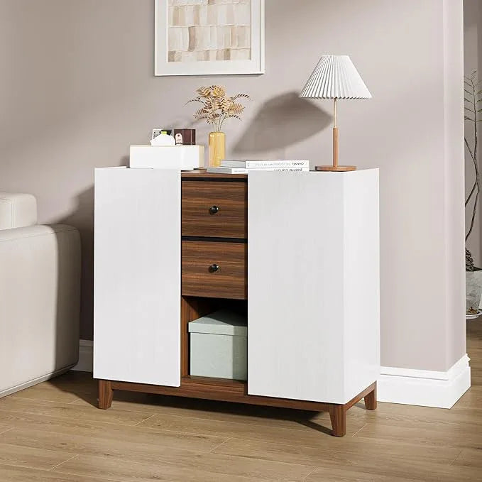 Bathroom Storage Cabinets with Drawers and Doors, Kitchen Storage Cabinet with Adjustable Shelf, Floor Sideboard Buffet Cabinet for Living Room, Kitchen, Hallway, Dining Room, White Walnut - ModernBath