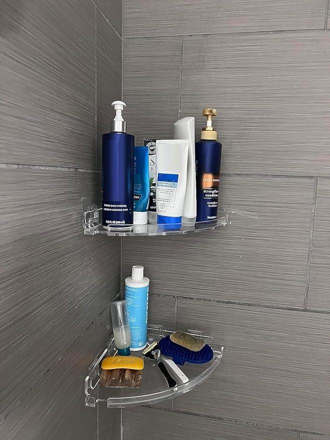 JiePai Acrylic Corner Shower Caddy Shelf with Hooks 2 Pack, Adhesive Wall Mounted Bathroom Shower Organizer for Inside Shower & Kitchen Storage, Space-Saving Design - ModernBath