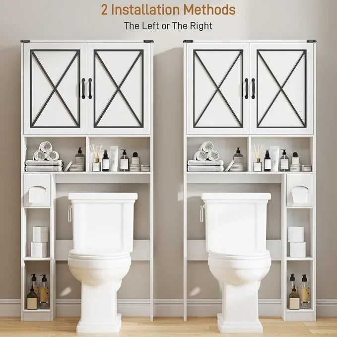 Vabches Over The Toilet Storage Cabinet, Farmhouse Bathroom Cabinet Over Toilet with Paper Holder, Rustic Bathroom Storage Organizer with Doors, White - ModernBath