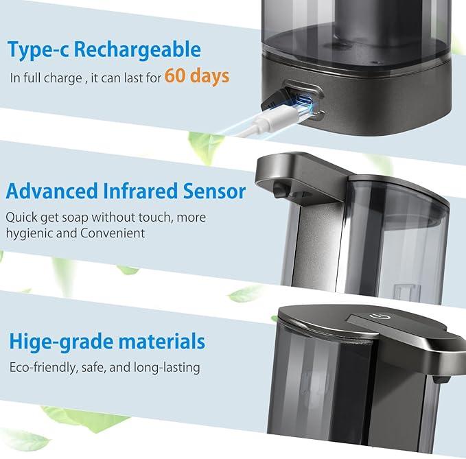 Automatic Liquid Soap Dispenser, Rechargeable, Touchless, 17oz/500ml with 4 Adjustable Soap Levels, Wall Mount & Waterproof, Liquid Hand/Dish Soap Dispenser for Bathroom Kitchen - ModernBath