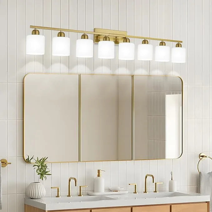 8 Light Bathroom Light Fixtures Gold for Big Mirror, Brushed Gold Vanity Lights for Bathroom with Milky White Frosted Glass Shades, 51 inch Wall Sconce for Mirrors Living Room Bedroom - ModernBath