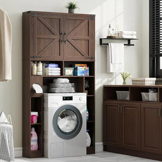 Vabches Over The Toilet Storage Cabinet, Farmhouse Storage Cabinet Over Toilet with 2 Barn Doors ，Toilet Paper Holder Stand，Home Space-Saving Toilet Rack, for Laundry, Restroom, Bathroom.Espresso. - ModernBath
