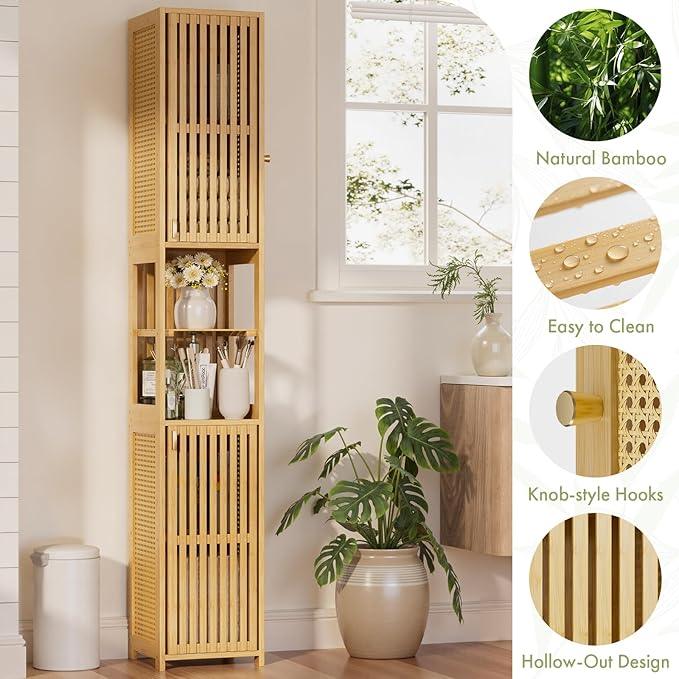 Amazer 70'' Tall Bathroom Storage Cabinet Bamboo, Narrow Storage Cabinet with Rattan Doors and Adjustable Shelves, Slim Freestanding Organizer for Living Room, Kitchen, Natural Color - ModernBath