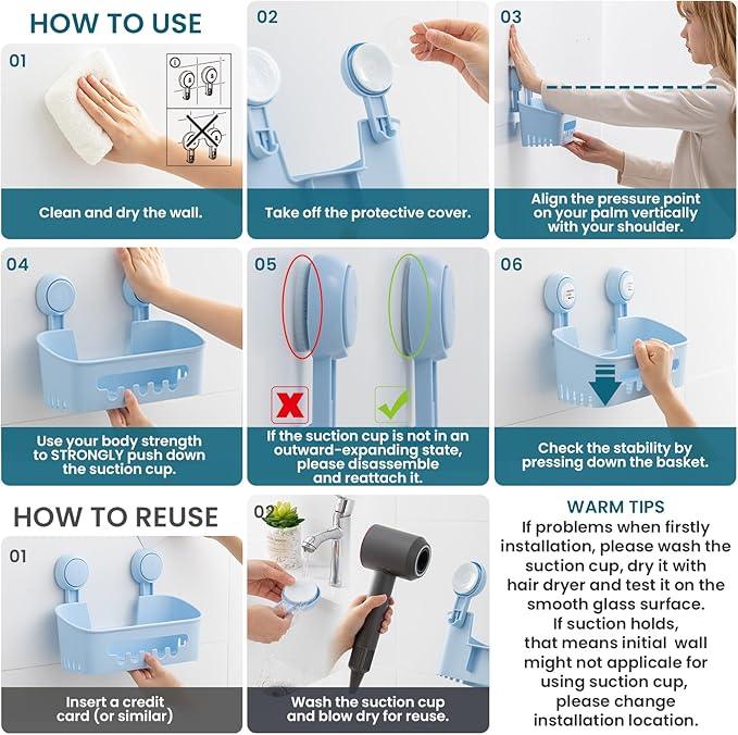TAILI Shower Caddy Suction Cup 2 Pack, Heavy Duty Bathroom Organizer, Removable Shelves for Inside Shower, Shampoo, Waterproof Suction Plastic Storage for Bathroom Accessories Holder, Blue - ModernBath