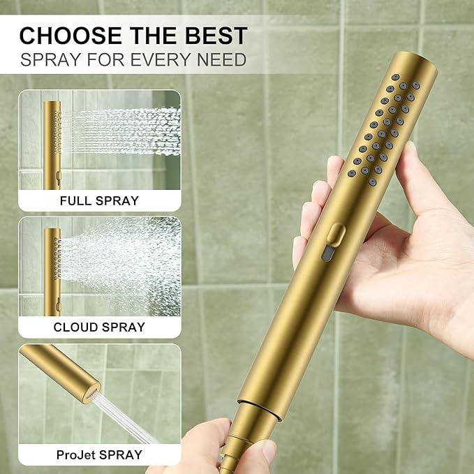 KENES Brushed Gold Rainfall Bathroom Shower System Rain Shower Head and Handle Set, Shower Faucet Set with 10-Inch Rain Showerhead and Handheld Spray, (Shower Valve Included), LJ-6026A-4 - ModernBath