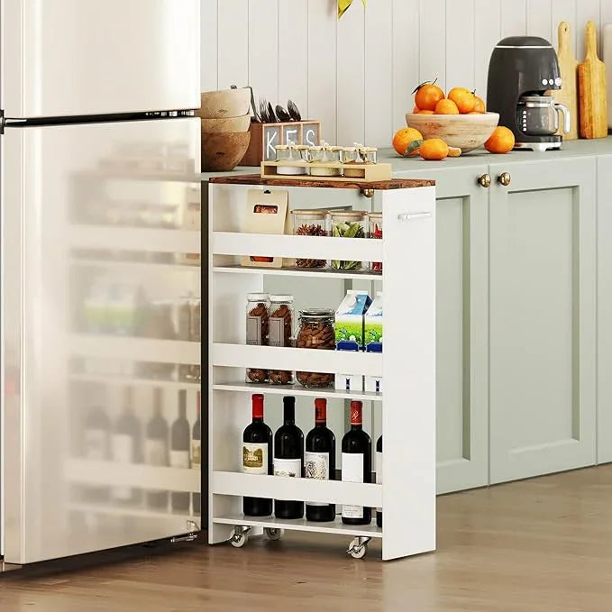Small Kitchen Cart, 4-Tier Slim Rolling Island w/Handle, Laundry Room Storage Organizers Between Washer and Dryer, Narrow Spice Rack on Wheels Next to Fridge (White & Rustic Brown, 8'') - ModernBath