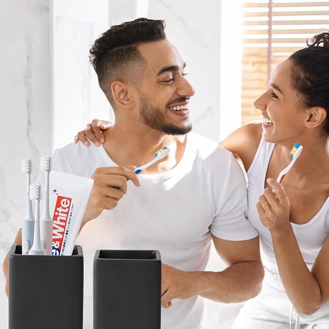 Black Square Toothbrush Holders for Bathrooms - 2 Cups Ceramic Square Toothbrush Toothpaste Holders Set, Bathroom Tumbler Cups Reusable Toothbrush Mouthwash Cup, Bathroom Counter Organizer. - ModernBath