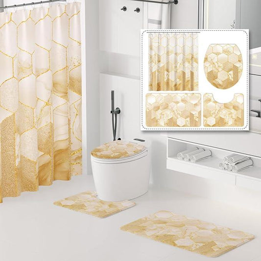 XLHOMO Bathroom Sets with Shower Curtain and Rugs - 4PC Beige Geometric Shower Curtain Set with 12 Hooks, Toilet Cover, U-Shaped Mat and Rugs Modern Abstract Bathroom Accessories for Bathroom - ModernBath