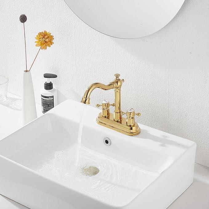 GGStudy Bathroom Faucet Polished Gold 2 Handles 4 Inches Centerset Bathroom Vanity with Drain Assembly and Supply Hose Lavatory Faucet - ModernBath