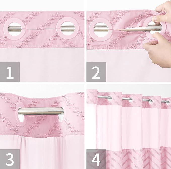 eachope No Hook Boho Farmhouse Shower Curtain with Snap-in Fabric Liner set-71Wx74H(72H),Pink Tufted Chevron Striped Hotel Grade Cloth Shower Curtains for Bathroom with Window,Water Repellent - ModernBath