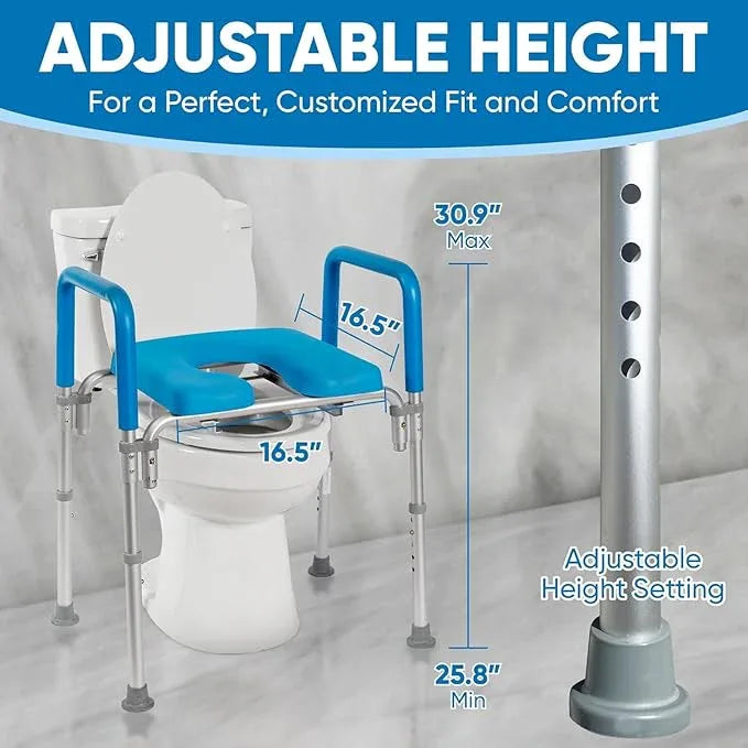 Ultimate Raised Toilet Seat with Handles, Bedside Commode, Padded Armrests, Adjustable Height, Premium Elevated Toilet Seat for Elderly Bathroom Safety with Arms, Standard and Elongated Toilets, Blue - ModernBath
