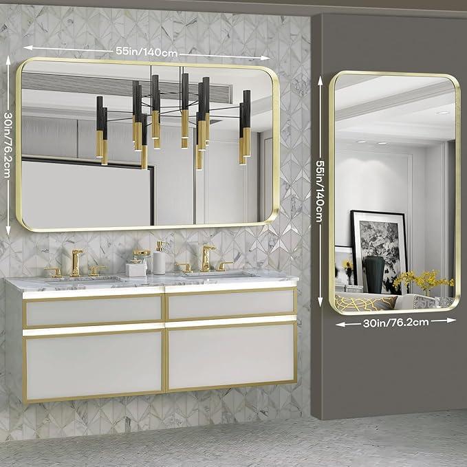 Minuover Gold Metal Framed Bathroom Mirror for Wall, Large Brushed Gold Rounded Corner Rectangular Bathroom Vanity Mirror, Anti-Rust, Tempered Glass, Hangs Horizontally or Vertically (30" x 55", Gold) - ModernBath