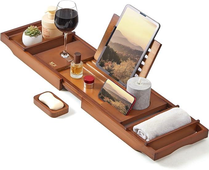 XcE Bamboo Bathtub Caddy Tray - Expandable to 41 Inches with Book Stand, Soap Holder & Anti-Slip Pads for Luxury Bath Spa, Brown - ModernBath