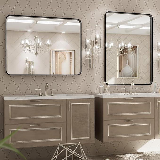 miroro Black 40x30 Inch Metal Framed Mirror for Wall, Large Rounded Rectangle Mirror, Anti-Rust, Tempered Glass, Hangs Horizontally or Vertically - ModernBath