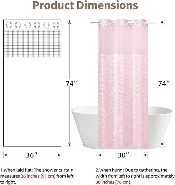 eachope stall no Hook Tufted Shower Curtain with snap in Liner Set, White Waterproof Fabric Inner Liner,Boho Style Shower Curtain with See Through top Window, Pink, 36Wx74H - ModernBath