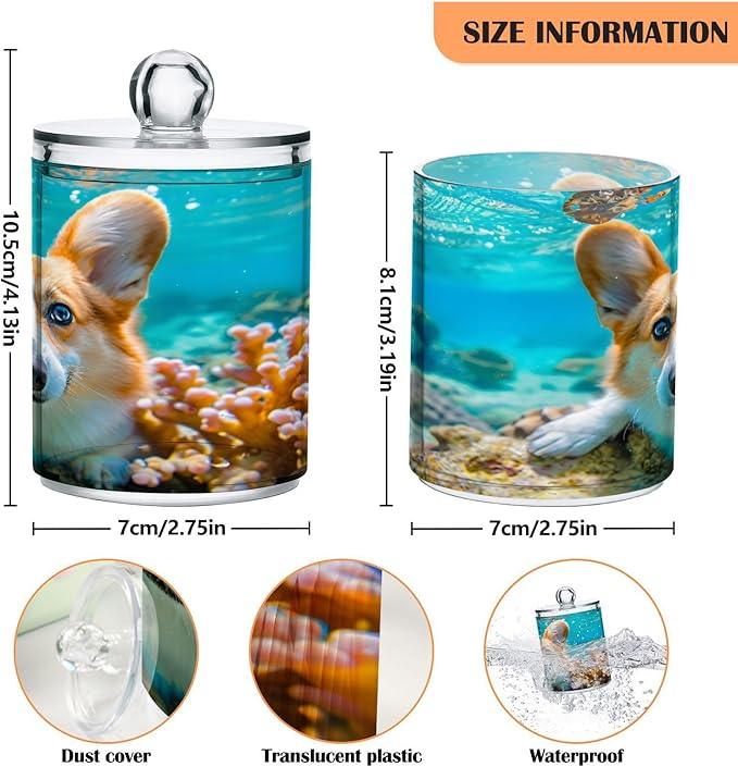 BOENLE 2 Pack Qtip Holder Organizer Dispenser Corgi Dog Underwater Bathroom Storage Canister Cotton Ball Holder Container for Cotton Pads/Swabs/Floss - ModernBath