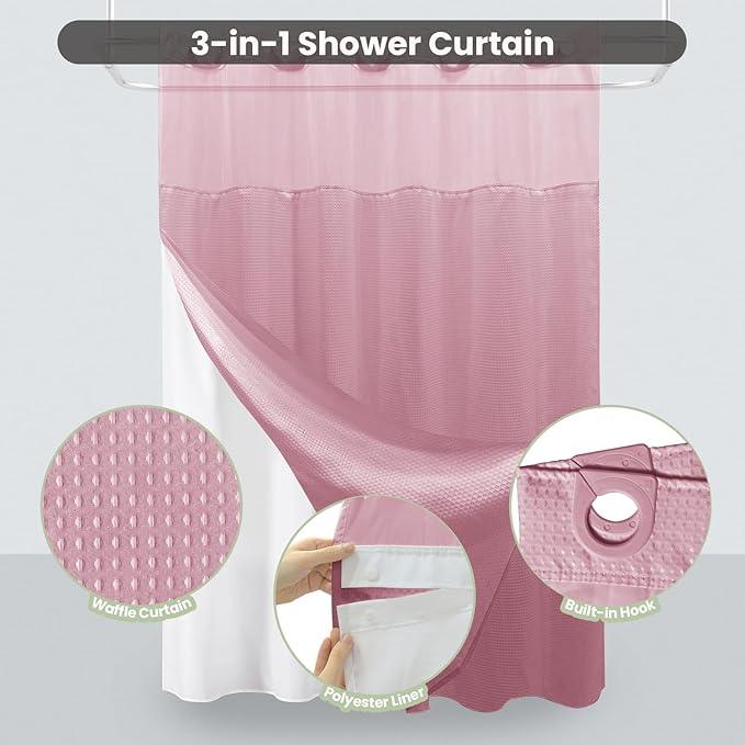 Inhousolu No Hook Shower Curtain with Snap in Fabric Liner Set Waffle Weave 230GSM Weighted Hem, Waterproof & Washable Bathroom Curtain Spa Luxury with Mesh Top Window 72" W x 72" L Pink - ModernBath
