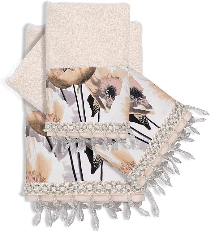 Zahari Home Poppy Fields Modern Bathroom Towel Set - 3 Piece Contemporary Decor Ensemble in Beige - ModernBath