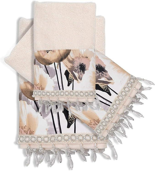 Zahari Home Poppy Fields Modern Bathroom Towel Set - 3 Piece Contemporary Decor Ensemble in Beige - ModernBath