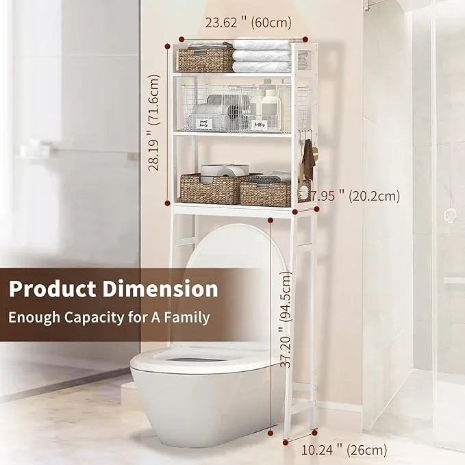 BAMBANG Over The Toilet Storage Rack, 3-Tier Over The Toilet Storage Shelf with 3 Hooks, Freestanding Above Toilet Bathroom Organizer Shelves for Space Saver Storage, Bamboo White - ModernBath